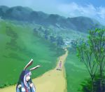  2girls animal_ears arm_up barefoot blue_sky breasts brown_hair carrot_necklace clouds collared_shirt day dress forest grass heiya inaba_tewi long_sleeves looking_back mountain multiple_girls nature necktie open_mouth path perspective pink_dress purple_hair rabbit rabbit_ears red_eyes red_necktie reisen_udongein_inaba road scenery shirt sky talking touhou tree waving white_shirt 