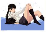  1girl absurdres amagami arai_nobu ayatsuji_tsukasa black_eyes black_hair black_legwear black_skirt copyright_name highres hime_cut long_hair looking_at_viewer pleated_skirt skirt socks solo white_background 