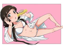  amayadori_machi arm_support bangs bare_legs barefoot blunt_bangs blush border bow bow_bra bow_panties bra brown_eyes brown_hair collarbone flat_chest hair_bow hand_on_head highres holding jacket karahai_(31448823) knee_up kumamiko long_hair looking_at_viewer low_twintails lying midriff navel on_back open_clothes open_jacket panties pink_bow stomach tareme twintails underwear white_border white_bow white_bra white_jacket white_panties 