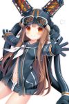  1girl amashiro_natsuki brown_hair cable goggles goggles_removed heart helmet highres iona_(last_period) jacket last_period long_hair looking_at_viewer navel neckerchief orange_eyes outstretched_arms sailor_collar smile solo unzipped white_background zipper 