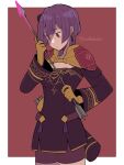  1girl arrow_(projectile) artist_name bangs bernadetta_von_varley blunt_bangs border breasts brown_background cowboy_shot do_m_kaeru earrings eyebrows_visible_through_hair fire_emblem fire_emblem:_three_houses gloves holding holding_arrow jewelry long_sleeves purple_hair shorts simple_background small_breasts solo twitter_username watermark white_border 