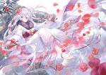  1girl absurdly_long_hair blush day floral_print flower full_body hair_flower hair_ornament ibara_riato japanese_clothes jewelry kimono long_hair obi original outdoors petals red_flower ripples sash silver_hair solo toe_ring toes very_long_hair violet_eyes white_kimono white_sky wide_sleeves 