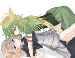  2girls animal_ears archer_of_red armor blonde_hair blue_eyes cat_ears fate/apocrypha fate_(series) girl_on_top green_eyes green_hair headpiece kesoshirou long_hair looking_at_another looking_away lying multiple_girls no_pants on_back open_mouth panties ruler_(fate/apocrypha) simple_background skirt underwear white_background white_panties yuri 