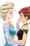  2girls anna_(frozen) blonde_hair blue_dress braid brown_hair dress elsa_(frozen) eye_contact eyeshadow freckles french_braid frozen_(disney) fujimaru_(kinakomucch) green_eyes incest jewelry long_hair looking_at_another makeup multiple_girls necklace off_shoulder siblings simple_background sisters white_background yuri 