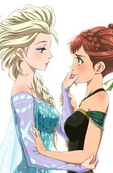  2girls anna_(frozen) blonde_hair blue_dress braid brown_hair dress elsa_(frozen) eye_contact eyeshadow freckles french_braid frozen_(disney) fujimaru_(kinakomucch) green_eyes incest jewelry long_hair looking_at_another makeup multiple_girls necklace off_shoulder siblings simple_background sisters white_background yuri 