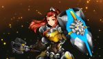  1girl absurdres armor brigitte_(overwatch) brown eyebrows eyes fantasy franarok hair headgear highres holding holding_weapon lips long_hair overwatch parted_lips ponytail power_armor shield sidelocks solo upper_body weapon 