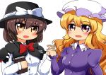  2girls blonde_hair blush book bow brown_eyes brown_hair capelet fedora hands_together hat hat_bow maribel_hearn mob_cap motsu_(selshia12) multiple_girls open_mouth steepled_fingers touhou usami_renko violet_eyes 