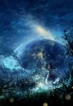  1girl bag butterfly city_lights cityscape clouds cloudy_sky domik dress grass highres long_hair meteor meteor_shower night night_sky original planet scenery sky tree wisp 