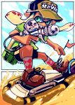  1girl aerospray_(splatoon) baseball_cap bike_shorts blonde_hair domino_mask fangs green_eyes hat holding holding_weapon ink_tank_(splatoon) inkling long_hair looking_at_viewer mask mineta_naoki open_mouth paint_splatter pointy_ears riding seeker_(splatoon) smile solo splatoon tentacle_hair 