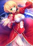  1girl :d blonde_hair breasts cleavage epaulettes fate/extra fate_(series) green_eyes looking_at_viewer open_mouth saber_extra short_hair smile solo toshi_(1-147) 