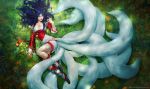  1girl ahri alex_negrea animal_ears bare_shoulders black_hair breasts cleavage collarbone detached_sleeves facial_mark fox_ears fox_tail from_above full_body grass highres korean_clothes large_breasts league_of_legends looking_at_viewer lying multiple_tails on_ground outdoors solo tail watermark web_address whisker_markings yellow_eyes 