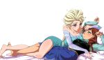  2girls anna_(frozen) blonde_hair blue_dress blue_eyes braid brown_hair dress elsa_(frozen) eye_contact freckles frozen_(disney) fujimaru_(kinakomucch) incest long_hair looking_at_another lying multiple_girls off_shoulder on_back on_bed siblings simple_background sisters smile white_background yuri 