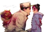  1boy 1girl 2014 black_hair bouquet braid child coat double_bun earrings father_and_daughter flower gift hair_ornament happy_valentine hat heart-shaped_box hood hood_down jewelry jojo_no_kimyou_na_bouken kuujou_jolyne kuujou_joutarou multicolored_hair pink_hair rose shiso_(nununu3) star_hair_ornament sweatdrop two-tone_hair younger 