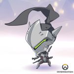  1boy artist_request chibi copyright_name full_body genji_(overwatch) katana lowres male_focus official_art overwatch solo sword weapon 