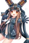  1girl amashiro_natsuki brown_hair cable goggles goggles_removed heart helmet highres iona_(last_period) jacket last_period long_hair looking_at_viewer navel neckerchief open_mouth orange_eyes outstretched_arms sailor_collar smile solo unzipped white_background zipper 