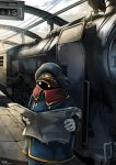  1boy 2014 alien artist_request cable clouds conductor_(ginga_tetsudou_999) ginga_tetsudou_999 gloves glowing glowing_eyes hat locomotive machinery newspaper reading science_fiction space_craft train_station uniform wire 