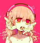  1girl bangs blunt_bangs collarbone glass_shards hair_between_eyes headphones looking_to_the_side open_mouth original pink_background pink_hair red_eyes solo tera tongue tongue_out topless 