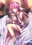  +_+ 1girl :d angel_wings animal_ears bangs bare_shoulders black_gloves blonde_hair blurry blush book boots breasts bridal_gauntlets collarbone crop_top cube depth_of_field eyebrows eyebrows_visible_through_hair feathered_wings floating_object glass gloves gradient_hair hair_between_eyes halo highres jibril_(no_game_no_life) kneehighs large_breasts lens_flare levitation light_particles long_hair looking_at_viewer low_wings luzi midriff multicolored_hair no_game_no_life open_mouth pink_hair pink_legwear pink_skirt red_eyes sideboob single_glove single_thighhigh sitting skirt sleeveless smile solo sunlight tattoo thigh-highs white_wings wings 