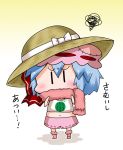  1girl alternate_costume alternate_headwear blue_hair blush bow chibi commentary_request hat hat_bow mob_cap navel noai_nioshi patch red_bow remilia_scarlet scarf short_hair solo squiggle touhou translation_request |_| 