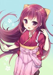  1girl absurdres hakama highres irone_(miyamiya38) japanese_clothes kamikaze_(kantai_collection) kantai_collection kimono long_hair meiji_schoolgirl_uniform obi open_mouth purple_hair sash skirt smile solo violet_eyes 