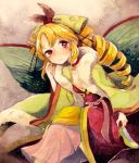  1girl adjusting_hair blonde_hair dress drill_hair en_or green_dress hair_ribbon kozuyo_(murasaki) murasaki_(game) red_eyes ribbon solo traditional_media wings 