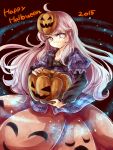  1girl bubble_skirt halloween hata_no_kokoro jack-o&#039;-lantern long_hair namuko pink_eyes pink_hair plaid plaid_shirt shirt skirt solo touhou 