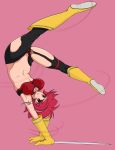  absurdres armpits boots cleavage cutie_honey gaixas1 hairband handstand highres kicking long_gloves pink_background re:_cutie_honey red_eyes redhead short_hair sword weapon 