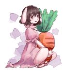  1girl animal_ears black_hair brown_eyes carrot carrot_necklace dress highres hoshibuchi inaba_tewi jewelry pendant pink_dress puffy_short_sleeves puffy_sleeves rabbit_ears short_sleeves sitting solo touhou 