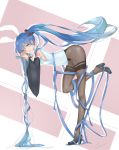  1girl absurdres aqua_eyes bent_over blue_hair detached_sleeves from_side full_body hatsune_miku high_heels highres interlocked_fingers lanzi_(415460661) long_hair looking_at_viewer microphone microphone_stand pantyhose solo thighband_pantyhose twintails very_long_hair vocaloid 