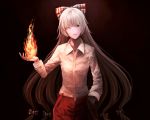  1girl bangs black_background blunt_bangs colored_eyelashes cowboy_shot dark fire flame fujiwara_no_mokou hair_ribbon hand_in_pocket hekiyama_yurika hime_cut long_hair long_sleeves one_eye_closed red_eyes ribbon shirt silver_hair solo touhou very_long_hair white_shirt 