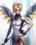  1girl blonde_hair blue_eyes breasts chromatic_aberration copyright_name cowboy_shot gradient gradient_background grey_background guweiz hand_on_hip heart high_ponytail highres holding lips long_hair looking_at_viewer mechanical_halo mechanical_wings mercy_(overwatch) nose overwatch pantyhose ponytail short_hair solo watermark web_address white_background wings 