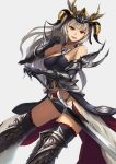  :d armor armored_boots bare_shoulders boots cowter elbow_gloves eruthika gloves highres horns open_mouth panties red_eyes simple_background smile sword thigh-highs underwear vambraces weapon white_hair 