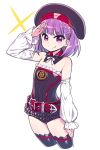  1girl belt beret black_legwear chan_co detached_collar detached_sleeves fate/grand_order fate_(series) flat_chest hat helena_blavatsky_(fate/grand_order) looking_at_viewer purple_hair salute short_hair simple_background smile solo thigh-highs violet_eyes white_background 
