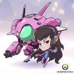  1girl artist_request bodysuit breasts brown_eyes brown_hair chibi copyright_name d.va_(overwatch) facial_mark gloves gun headphones long_hair lowres mecha official_art overwatch smile solo v weapon 