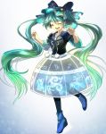  1girl blue_boots boots closed_eyes collarbone dress full_body green_hair hat hatsune_miku long_hair miturousoku open_mouth pantyhose platform_footwear smile solo striped striped_legwear twintails very_long_hair vocaloid 