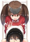  1boy 1girl admiral_(kantai_collection) black_hair brown_eyes brown_hair carrying hat isshiki_(ffmania7) kantai_collection long_hair looking_at_another looking_down looking_up magatama military military_uniform naval_uniform open_mouth peaked_cap piggyback ryuujou_(kantai_collection) short_hair smile twintails uniform visor_cap 