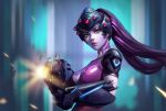  1girl bodysuit breasts firing head_mounted_display highres kutanyun lips long_hair nose overwatch ponytail purple_hair purple_skin shell_casing solo widowmaker_(overwatch) yellow_eyes 