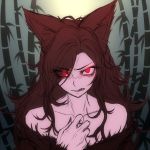  1girl animal_ears bamboo bamboo_forest bare_shoulders brown_hair collarbone fangs forest glowing glowing_eyes imaizumi_kagerou long_hair looking_at_viewer miata_(pixiv) nature portrait red_eyes solo touhou wolf_ears 