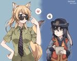  2girls animal_ears ayase_eli black_hair blonde_hair blue_eyes brown_eyes bunny_tail carrot clipe collared_shirt copyright_name cosplay disney fox_ears fox_tail frown hand_on_hip hat heart judy_hopps judy_hopps_(cosplay) long_hair looking_at_another looking_over_glasses love_live!_school_idol_project multiple_girls necktie nick_wilde nick_wilde_(cosplay) notepad police police_hat police_uniform ponytail rabbit_ears shirt shirt_pocket smile sonoda_umi spoken_heart spoken_squiggle squiggle striped striped_necktie sunglasses tail uniform upper_body vest zootopia 