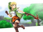  1girl belt bike_shorts biodragon blonde_hair blue_eyes blue_sky boots bow_(weapon) braid capelet castle choker compass cowboy_shot crossbow gloves highres hood jewelry linkle looking_back necklace outdoors parted_lips pointy_ears running shirt short_sleeves sidelocks skirt sky solo the_legend_of_zelda thigh-highs thigh_boots tree twin_braids weapon zelda_musou 
