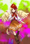  1girl absurdres animal_on_head bird bird_girl bird_on_head bird_tail bird_wings blonde_hair boots brown_footwear chick closed_mouth commentary_request feathered_wings flat_chest full_body hand_up highres kaigen_1025 looking_at_viewer medium_hair multicolored_hair neck_ribbon niwatari_kutaka on_head orange_skirt pink_eyes red_ribbon redhead ribbon shirt skirt sleeves_past_elbows smile solo tail touhou two-tone_hair white_shirt wings yellow_wings 