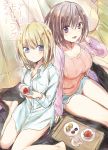  2girls :d blonde_hair breasts brown_hair cover cover_page cup doujin_cover looking_at_viewer multiple_girls no_pants open_mouth original shirt short_hair shorts sitting smile sweets tea tea_set teacup teapot 