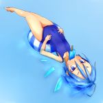  1girl ahoge alternate_costume blue_eyes blue_hair cirno covered_navel fairy floating full_body hair_between_eyes ice ice_wings looking_at_viewer navel one-piece_swimsuit popsicle short_hair small_breasts swimsuit touhou wings yoshiyuki_(14330975) 