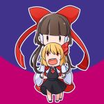  2girls ascot blonde_hair bow brown_eyes brown_hair chibi hair_bow hair_ribbon hair_tubes hakurei_reimu hands_together lowres monoelegy multiple_girls open_mouth red_eyes ribbon rumia touhou |_| 