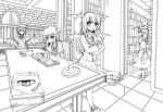  4girls apron bat_wings book bookshelf bow brick_wall candle chair closed_eyes crescent dress fangs hat head_wings kirisame_marisa koakuma library lineart mob_cap monochrome multiple_girls necktie open_mouth patchouli_knowledge pointy_ears reading remilia_scarlet rigorigo slit_pupils smile touhou waist_apron wings witch_hat wrist_cuffs 