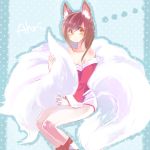  1girl ahri animal_ears bare_shoulders brown_hair character_name detached_sleeves facial_mark fox_ears fox_tail holding_tail league_of_legends long_sleeves looking_at_viewer mizoreame multiple_tails solo tail whisker_markings 