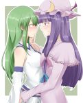  2girls arm_holding blush breast_press crescent crescent_hair_ornament detached_sleeves dress eye_contact face-to-face frilled_dress frills green_hair hair_ornament hat hug kochiya_sanae long_hair looking_at_another mob_cap multiple_girls patchouli_knowledge purple_hair qia_jia_meow red_eyes ribbon simple_background smile symmetrical_docking touhou violet_eyes yuri 
