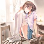  1girl arm_support blurry brown_hair chair depth_of_field hair_ornament hair_twirling hairclip looking_to_the_side open_mouth original school_uniform short_hair solo thigh-highs umeboshitora uniform violet_eyes white_legwear 