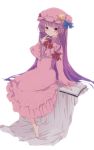  1girl aoi_(annbi) blue_bow blue_ribbon book bow capelet crescent crescent_hair_ornament dress frilled_dress frilled_sleeves frills hair_ornament hair_ribbon hat hat_ribbon highres long_hair long_sleeves looking_at_viewer mob_cap patchouli_knowledge pink_dress purple_hair red_bow red_ribbon ribbon sitting solo touhou very_long_hair violet_eyes wide_sleeves 