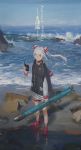  1girl adapted_costume amatsukaze_(kantai_collection) beach book boots brown_eyes character_name choker dress full_body garter_straps hair_ornament highres jacket kantai_collection long_hair looking_at_viewer sailor_dress sidneysora solo standing thigh_strap torpedo twintails white_hair 